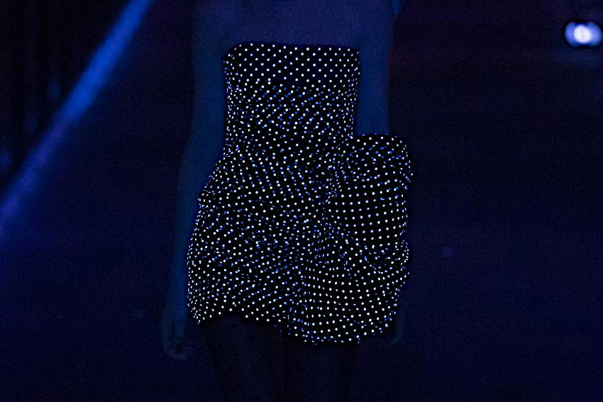 Black light project - UV-reactive hotfix rhinestones treated by Invenio Flory for Saint Laurent